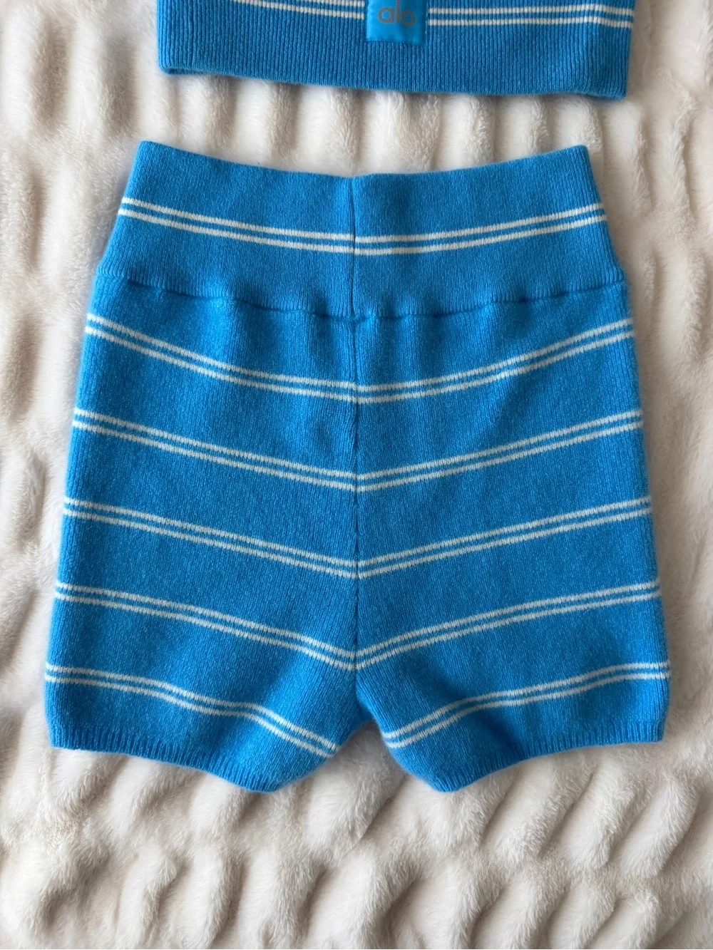 Alo Yoga Cashmere Mini Stripe Halter Top & Shorts Set in Azure Blue/White